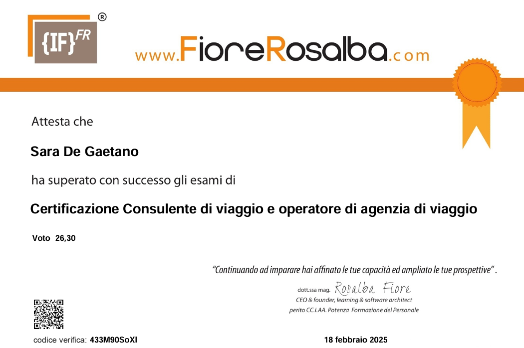 Certificato Consulente di viaggio e operatore di agenzia di viaggio - Sara De Gaetano